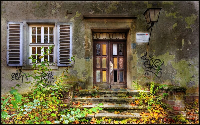 Abandoned Building Entrance — Green, Decaying