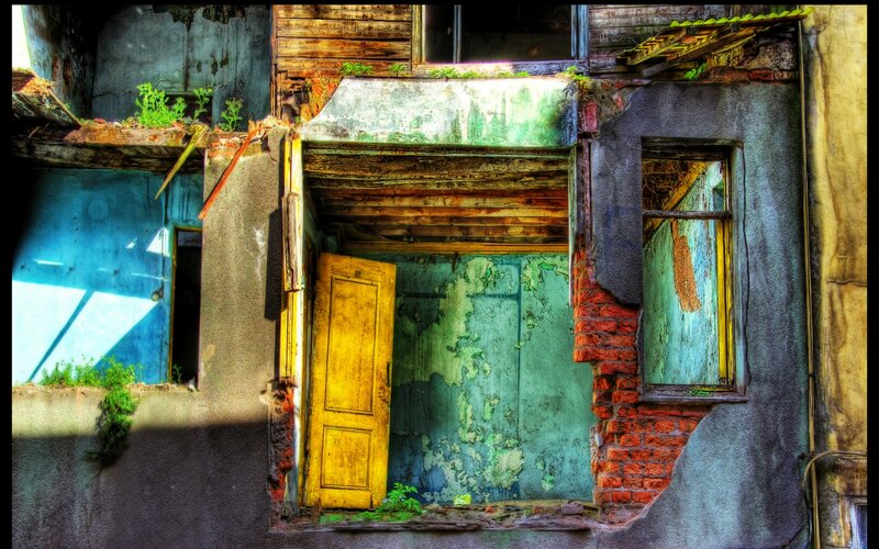 Abandoned Building Facade — Yellow, Dramatic