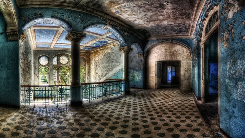 Abandoned Building Hallway — Blue