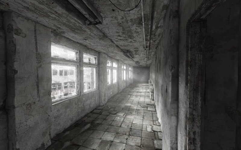 Abandoned Building Hallway — Gray