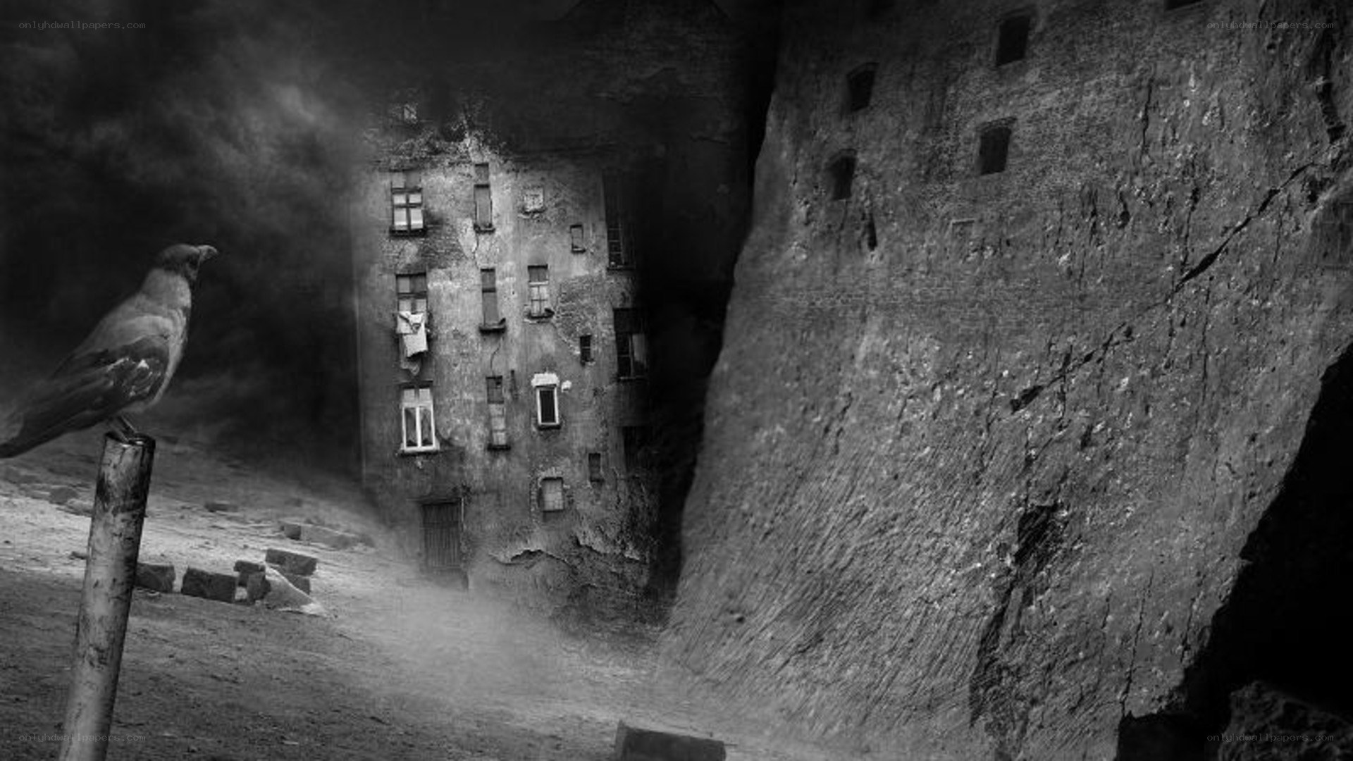 abandoned building in a cave