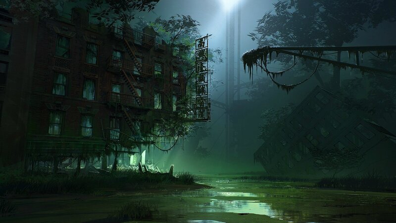 Abandoned Building in Swamp — Green, Dark, Eerie