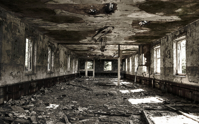 Abandoned Building Interior — Black, Desolate, Photograph, Ceiling