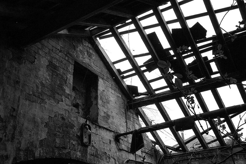 Abandoned Building Interior — Black, Dramatic, Photograph, Brick Wall