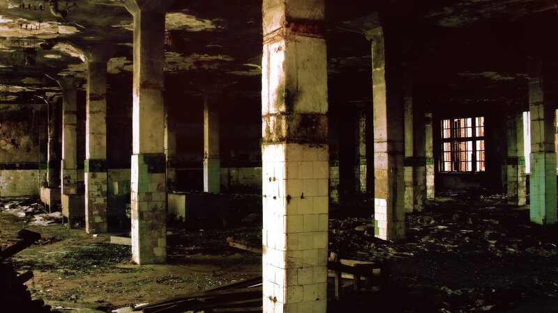 Abandoned Building Interior — Brown, Dramatic, Photograph, Columns