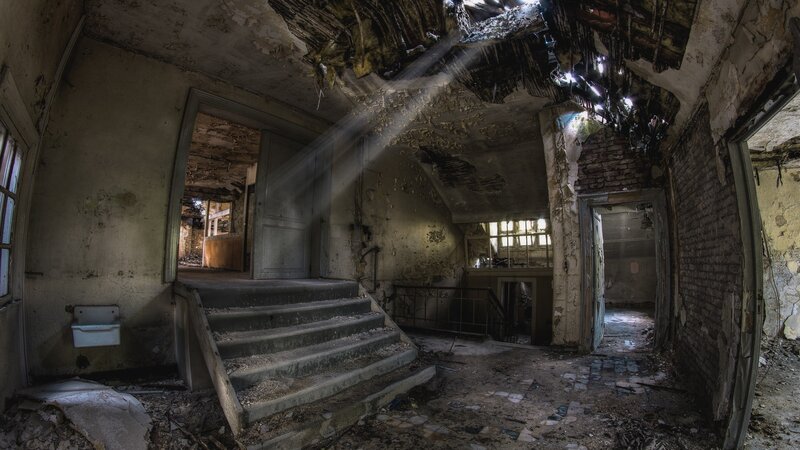 Abandoned Building Interior — Gray, Desolate, Photograph, Stairs, Broken Ceiling