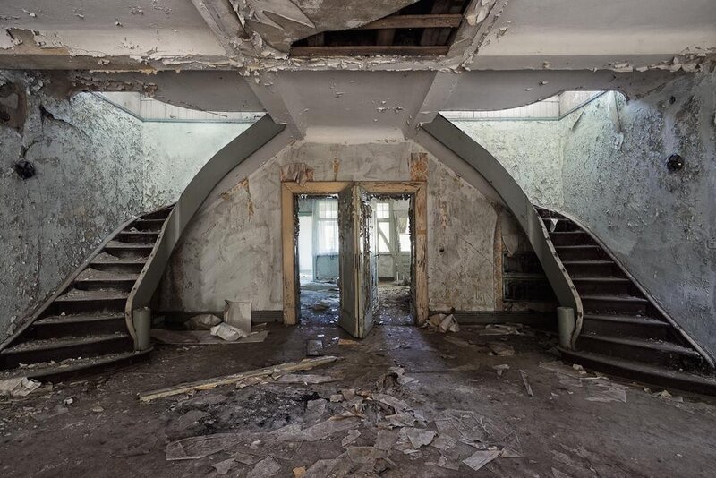 Abandoned Building Interior — Gray, Desolate, Photograph, Stairs