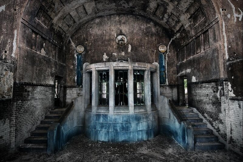 Abandoned Building Interior — Gray, Dramatic, Photograph, Stairs, Clocks