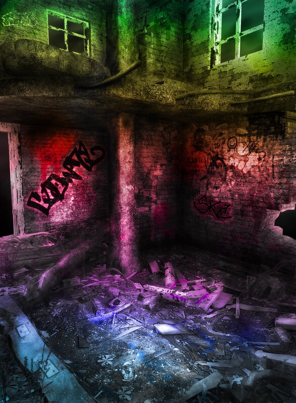 Abandoned Building Interior — Green, Dramatic, Night, Digital Art