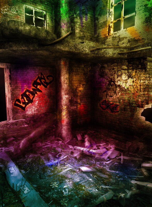 Abandoned Building Interior — Green, Dramatic, Night