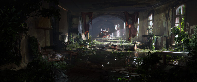 Abandoned Building Interior — Green, Dramatic