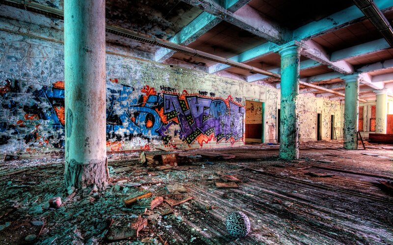 Abandoned Building Interior — Green