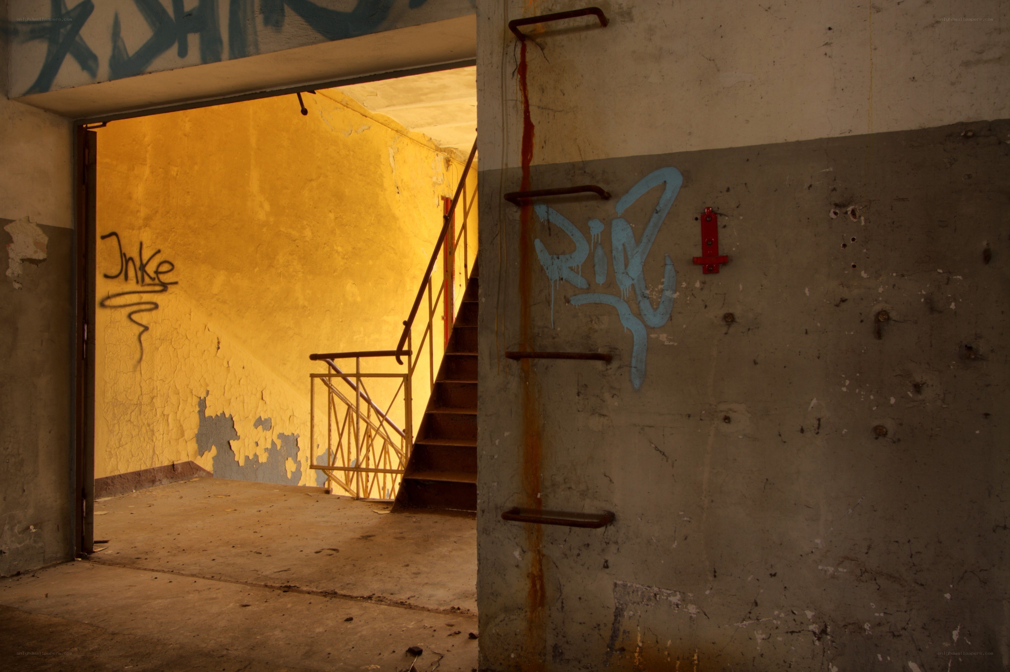 Abandoned building interior with graffiti