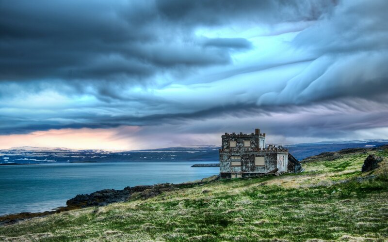 Abandoned Building on Coast — Blue