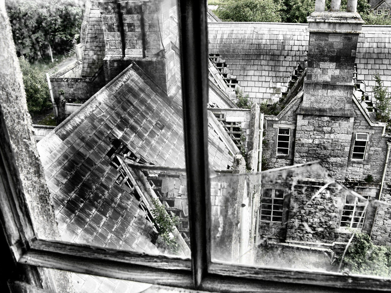 Abandoned building through broken window