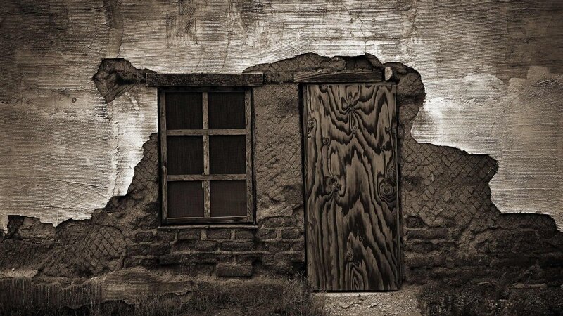 Abandoned Building Wall — Brown, Dramatic, Photograph, Window, Door, Brick