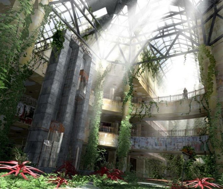 abandoned building with overgrown plants