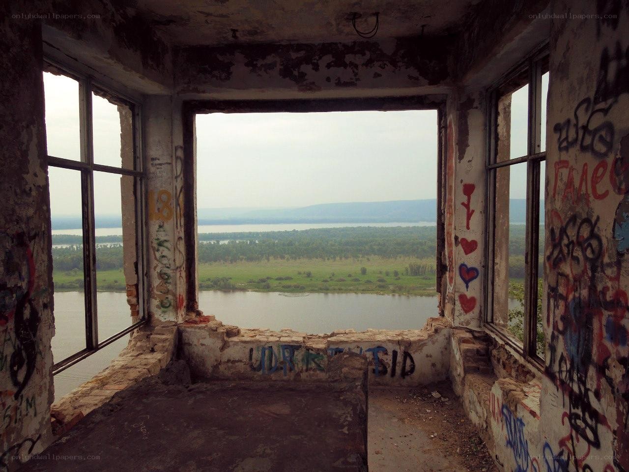 Abandoned building with river view