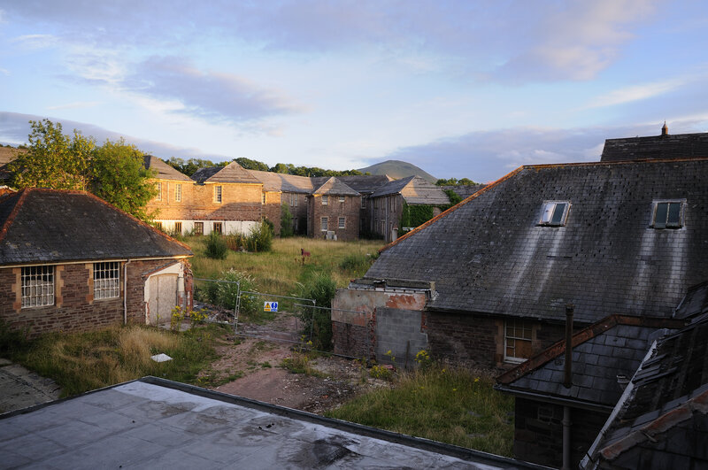 Abandoned buildings at dusk