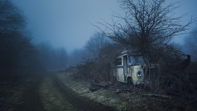 Abandoned Bus in Forest — Blue, Dreary