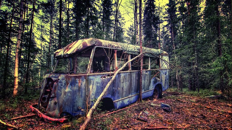 Abandoned Bus in Forest — Blue