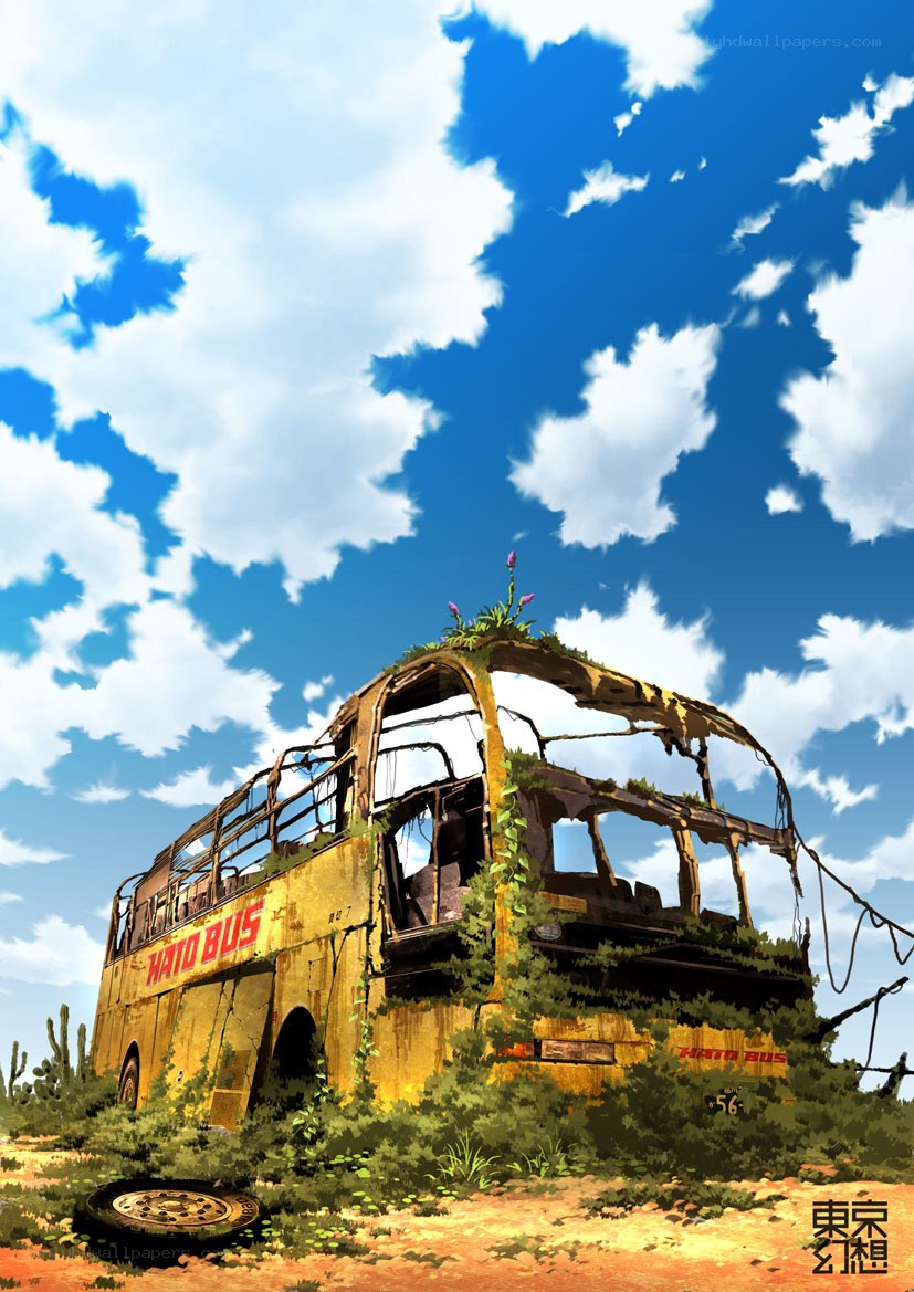 Abandoned bus under blue sky