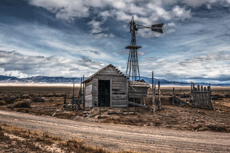 Abandoned Cabin and Windmill
