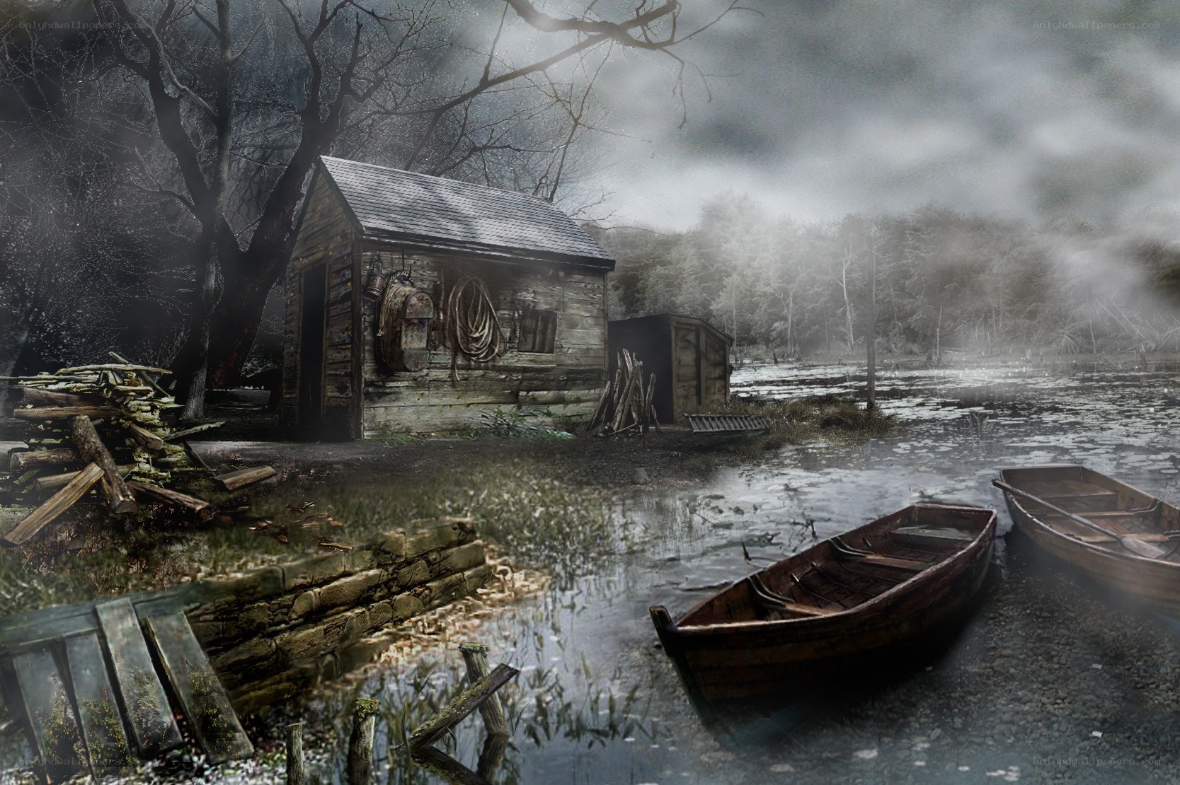 abandoned cabin by the lake