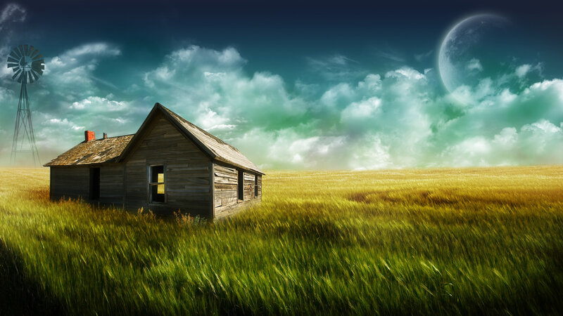 Abandoned cabin in a field