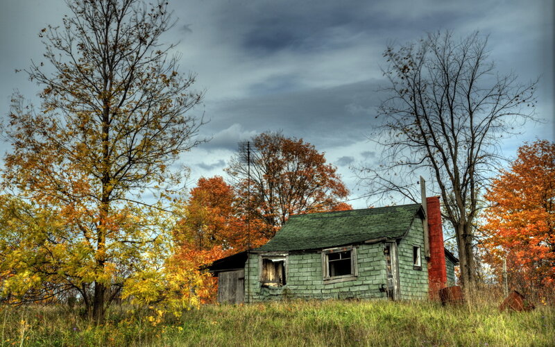 Abandoned Cabin in Autumn — Green, Dramatic