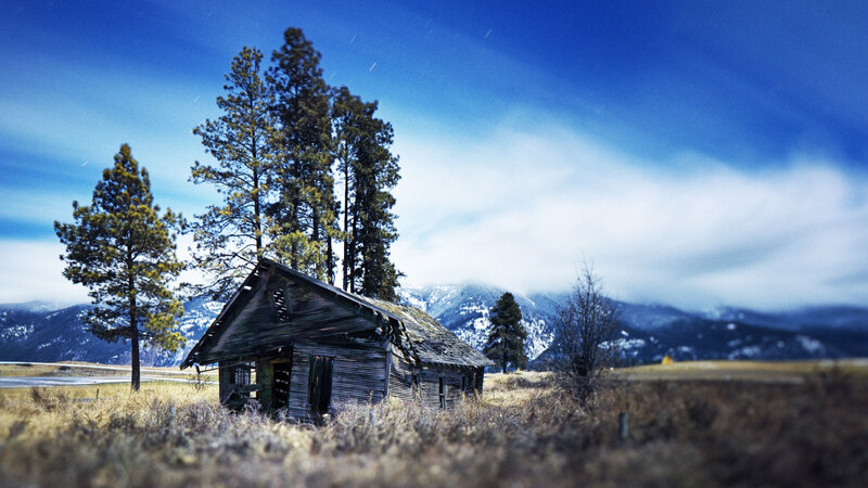 Abandoned Cabin in Field — Blue, Dramatic