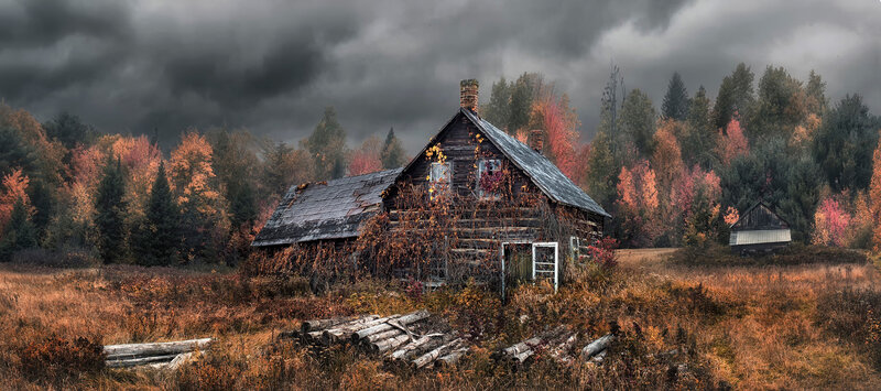 Abandoned Cabin in Field — Brown, Dramatic