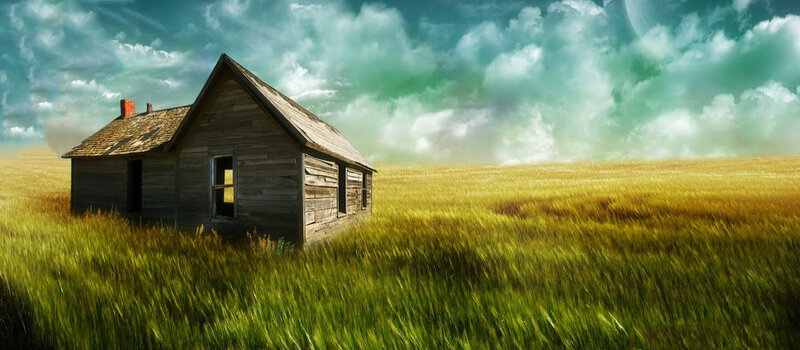 Abandoned Cabin in Field — Green, Dramatic, Afternoon