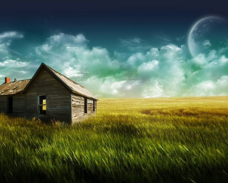 Abandoned Cabin in Field — Green, Dramatic, Night, Digital Art, Moon