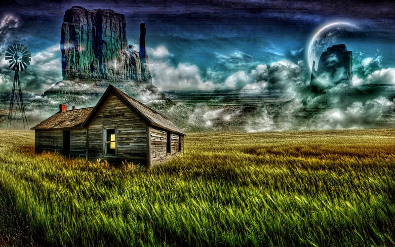 Abandoned Cabin in Field — Green, Dramatic, Night, Digital Art, Windmill, Rock Formation