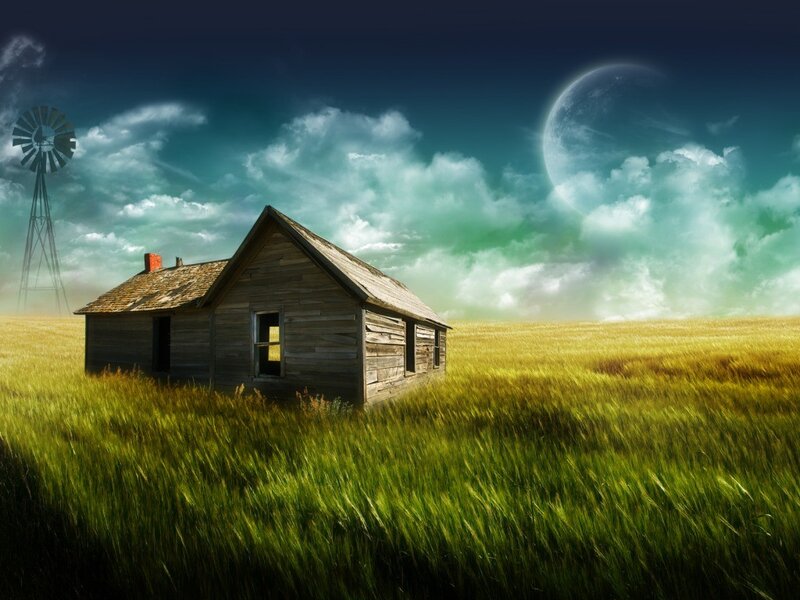 Abandoned Cabin in Field — Green, Dramatic, Night, Digital Art, Windmill