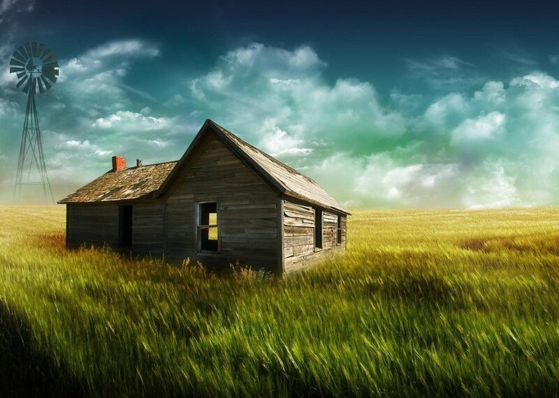 Abandoned Cabin in Field — Green, Dramatic