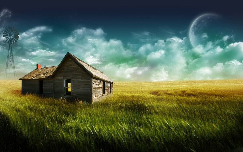 Abandoned Cabin in Field — Green, Windmill
