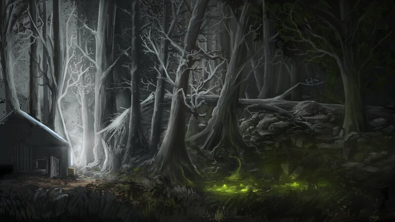 Abandoned Cabin in Forest — Green, Dark, Night