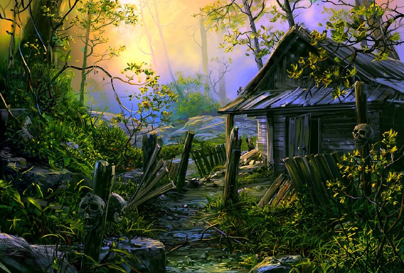 Abandoned Cabin in Forest — Green, Dramatic, Sunset