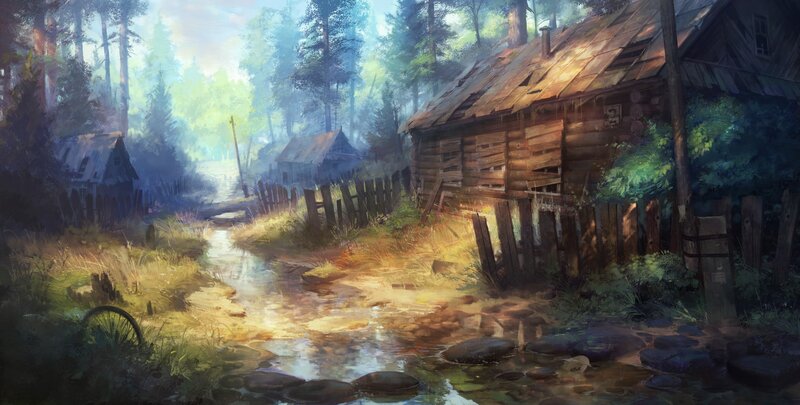 Abandoned Cabin in Forest — Green, Serene, Morning, Digital Art, Stream