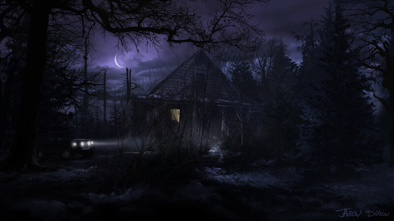 Abandoned Cabin in Forest — Purple