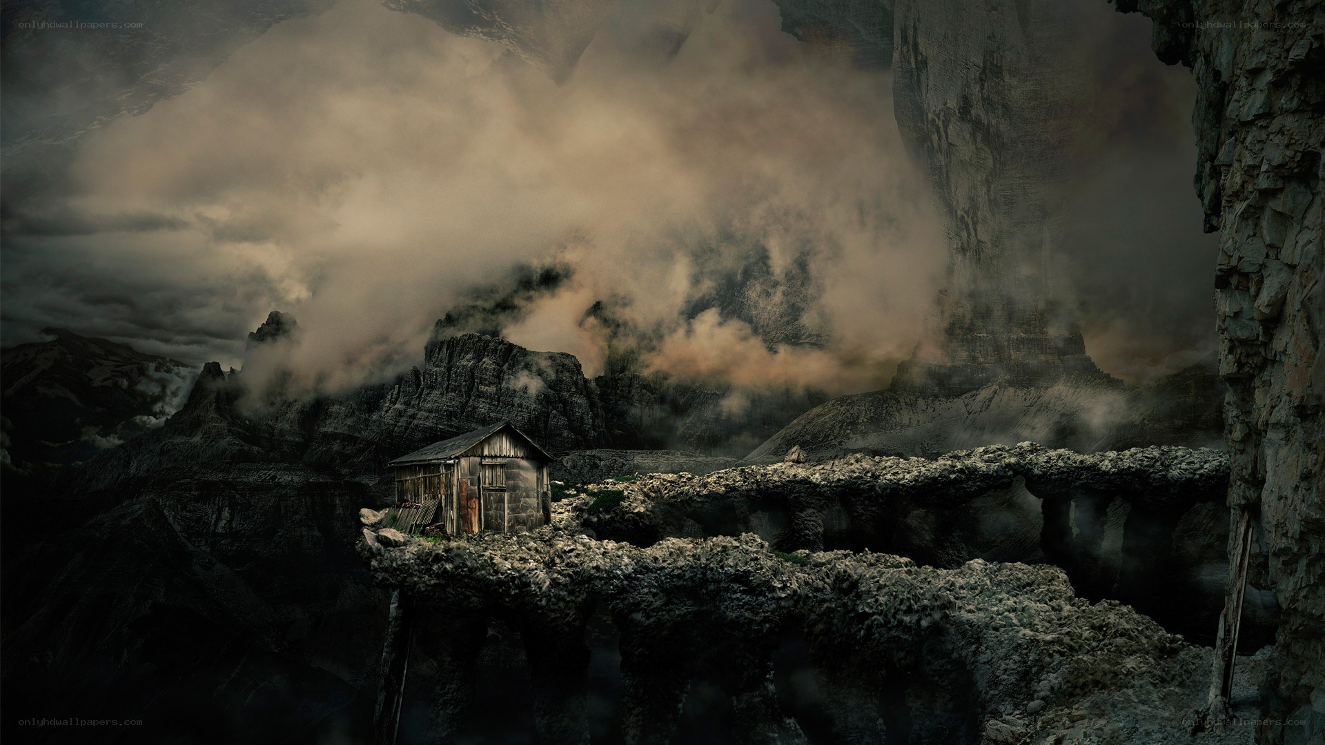 abandoned cabin in misty mountains