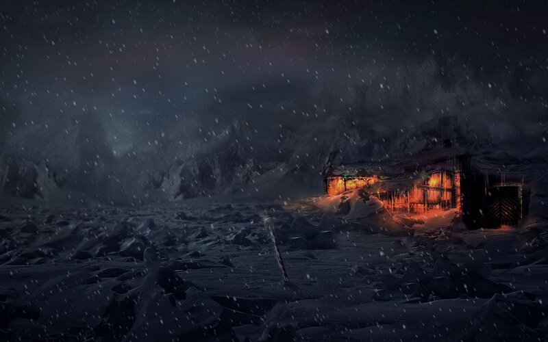 Abandoned Cabin in Snow — Black, Dramatic