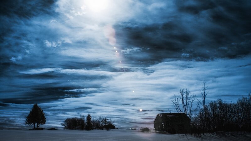 Abandoned Cabin in Snow — Blue, Dramatic