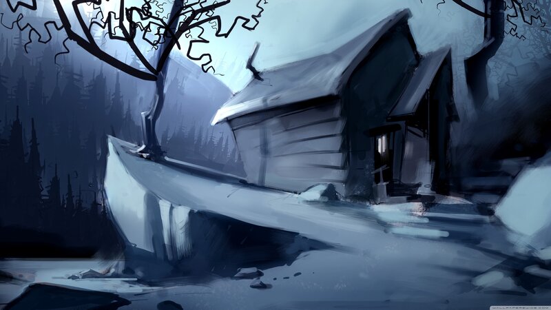 Abandoned Cabin in Snow — Blue, Dreary
