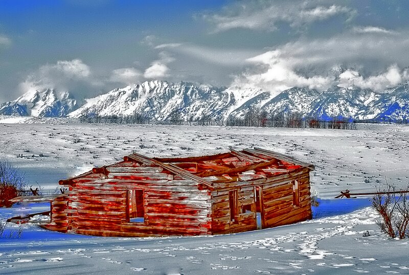 Abandoned Cabin in Snow — Red, Dramatic