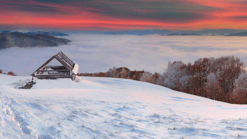 Abandoned Cabin in Snow — Red