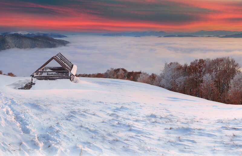 Abandoned Cabin in Snow — White, Dramatic