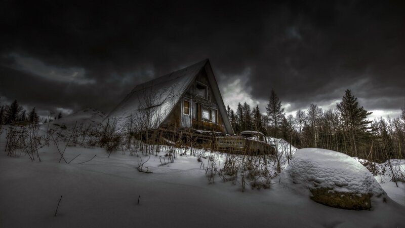 Abandoned Cabin in Snow — White, Dramatic, Winter, Photograph